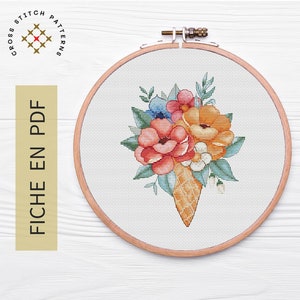 Flowers Cross Stitch Pattern Flower Ice Cream Cross Stitch Needlepoint Embroidery Printable PDF Instant Download