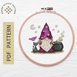 Halloween Cross Stitch Pattern PDF, Gnome Halloween Cross Stitch, Hand Embroidery Design, Needlepoint Cross Stitch