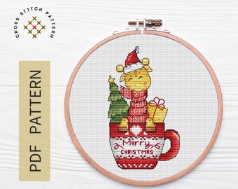 Giraffes Cross Stitch Pattern PDF, Christmas Counted Cross Stitch, Animal Embroidery, Cute Giraffe Cup Embroidery Digital Design