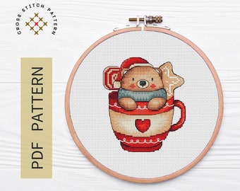 Bear Cross Stitch Pattern PDF, Animal Counted Cross Stitch Pattern, Cute Bear Cross Stitch, Cup Cross Stitch Instant Download