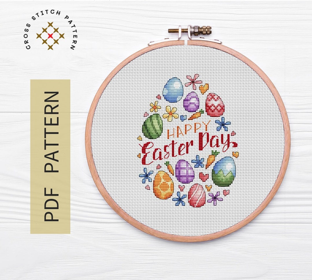 Happy Easter Cross Stitch Pattern PDF, Easter Flowers Eggs Cross Stitch ...