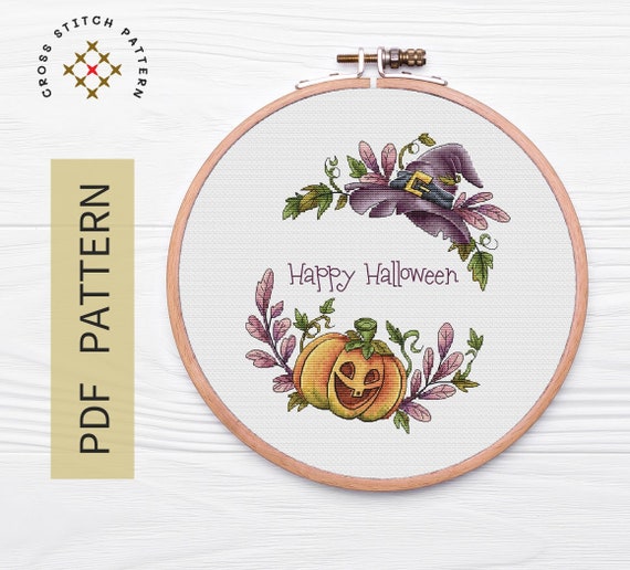 Pumpkin Halloween Cross Stitch Pattern, Witch Hat (PDF Pattern)