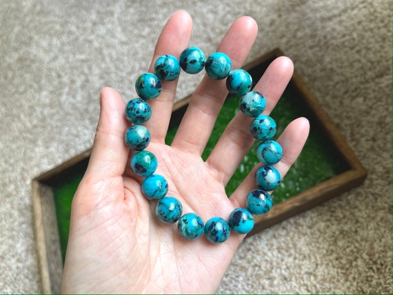 12mm Azurite Malachite Bracelet, Woman Azurite Birthstone Jewelry, Emerald  Crystal Heart Charm Bracelet, Chakra Healing Gemstone Bracelet - Etsy