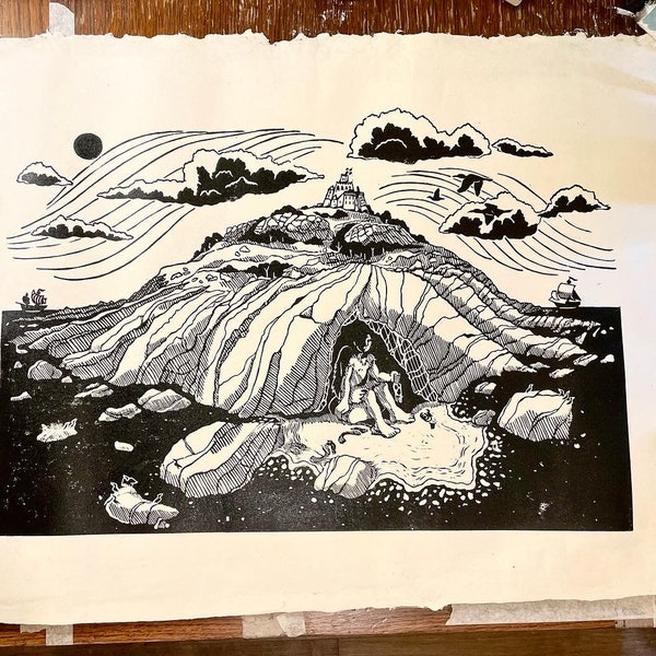 The Giant Of The Mount A2+ handmade lino cut print on beautiful parchment paper. Cornish folklore featuring Saint Michael’s Mount Marazion