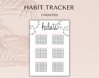 May include: A black and white habit tracker with the word "habits" written in cursive. The tracker has six sections with a grid of squares for each day of the week. The tracker is decorated with a floral design.