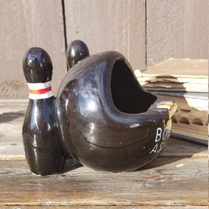 Vintage Ceramic Bowlers Ashtray, 1 Bowling Ball & 2 Pins Catchall, Midcentury Kitsch, Gift for Bowler, Decor for Mancave, Home Bar, Retro