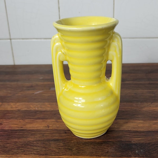 Vintage USA Pottery Bright Yellow Bud Vase, Early Midcentury Ceramic Vessel, Art Deco Style, Possible McCoy or Shawnee, Collectible, Ribbed