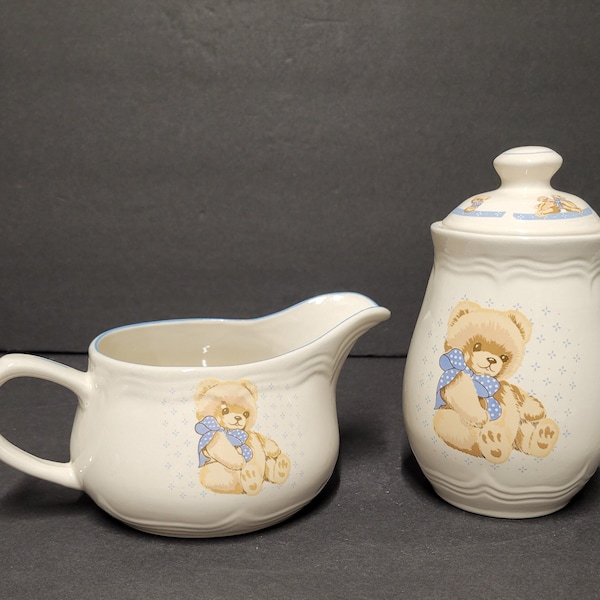 Vintage Tienshan "Country Bear" Stoneware Sugar and Creamer, Set of 3, Blue and Beige, 1980s Revivalware,Discontinued, Kitchenware,Farmhouse