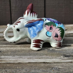 Vintage Mexican Talavera Elephant, Folk Art Pottery, Trunk Raised, Ears Askew, Handpainted, Colorful Floral Design, Bohemian, Collectible