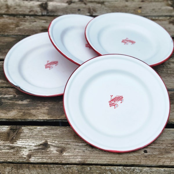 Vintage Taipro Enamelware Luncheon/Salad Plates,  Red Wagon Design, Set of 4, White and Red Metal Dishware, Kitchenware, Camping, Picnic