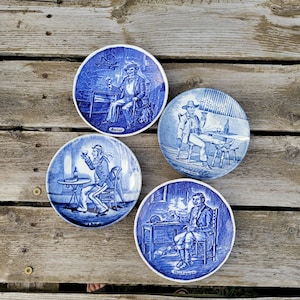 Blue Transferware Butter Pats/Pin Dishes, 2 Boch Delfts  2 Enoch Wedgwood (Tunstall),Men Enjoying Libations,Sailor Huntsman Le Rhum Pale Ale