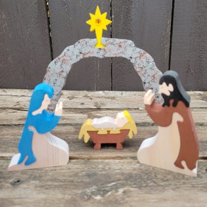 Puzzle Set, Hand cut and Handpainted, 63 pc Manger Scene, Christmas Story Keepsake, Religious Figurines,Birth of Jesus