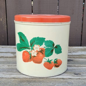 Vintage Strawberry Litho Print Tin Canister, Early Midcentury Red and White Tin, Biscuit Tin, Cookie Tin, Kitchen Decor,  Farmhouse, Cottage