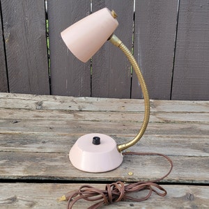 Vintage Pink Enamel and Brass Gooseneck Desk Lamp, Midcentury Petite Adjustable work/Bedside Light, Flexible Neck Design, Metal Lampshade