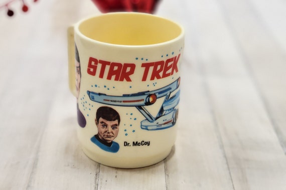 Vintage Deka Plastics star Trek Mug, 1975 Paramount Pictures Corp  Collectible Cup, Made in USA, Capt Kirk Mr Spock Dr Mccoy and Enterprise 