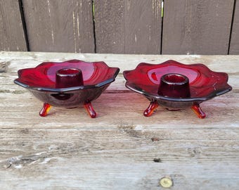 Vintage Fenton Ruby Red Lotus Candleholders, Amberina Art Glass, Set of 2