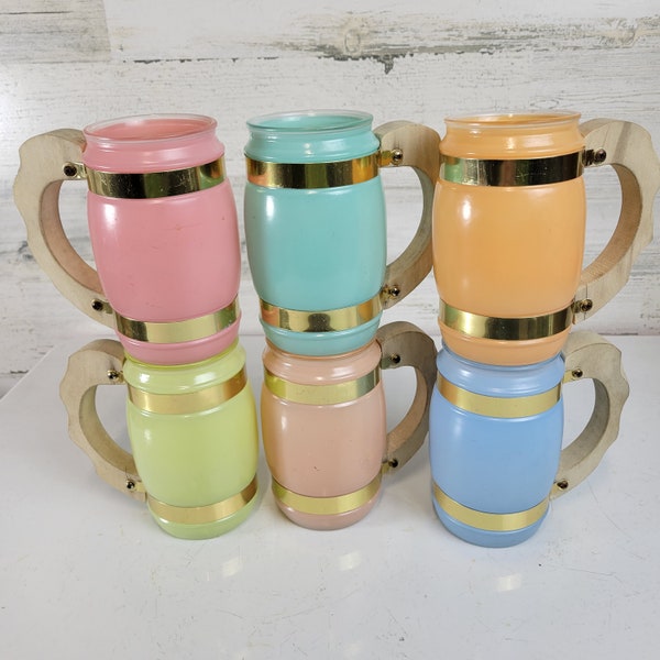 Vintage Benner Glass Co "Siesta Ware" Barrel Mugs,Set of 6, Frosted Pastel Glasses, Brass Alloy Bands and Wooden Handles,Tiki Style, Barware