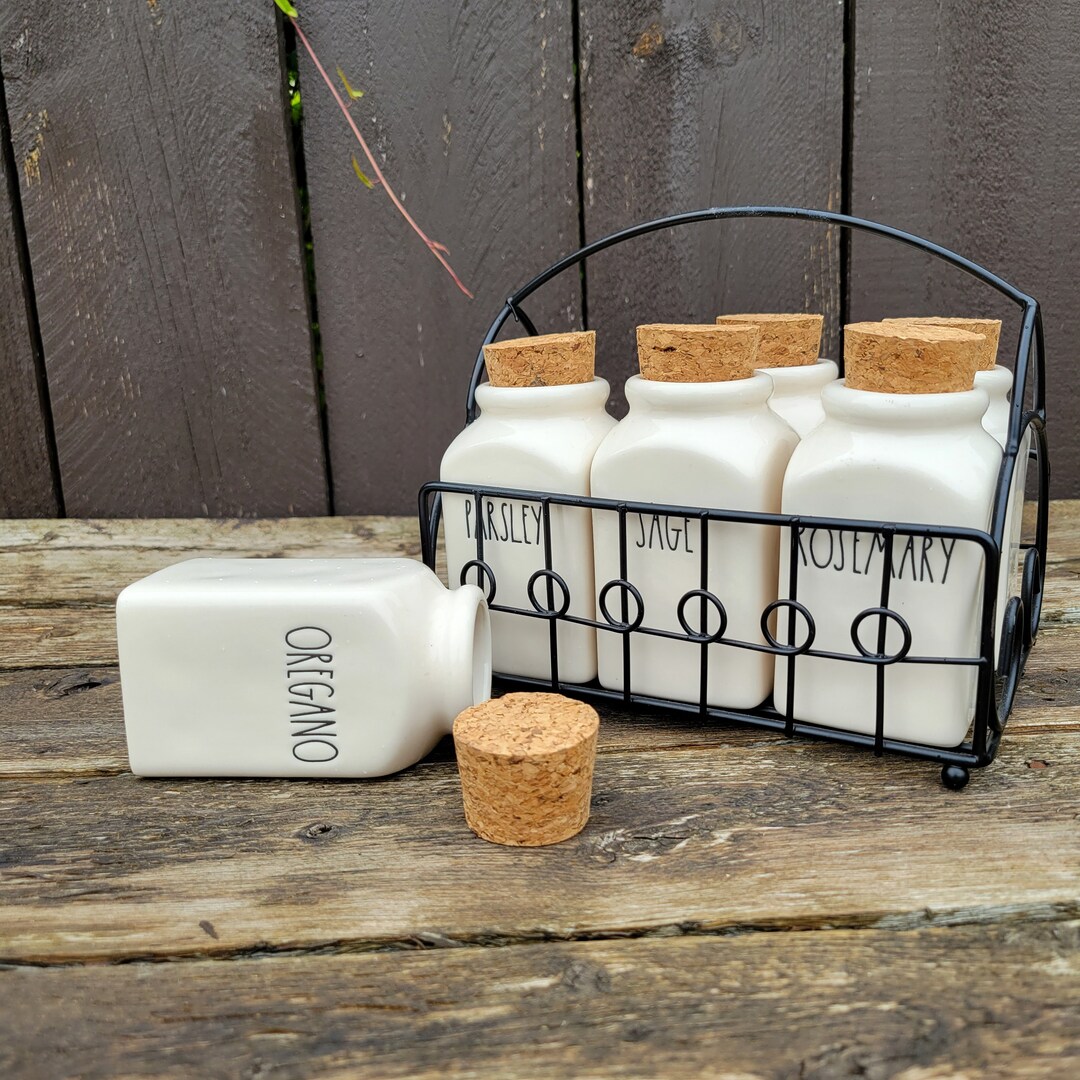 Rae Dunn Ceramic Spice Jars With Metal Caddy - Farmhouse Herb