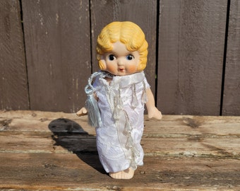 Vintage Bisque Porcelain &quot;Frozen Charlotte&quot;, 1920&#39;s Flapper Girl, Blonde Finger Wave Hair, Blue Eyes, Made in Japan, Doll Lover, Collectible