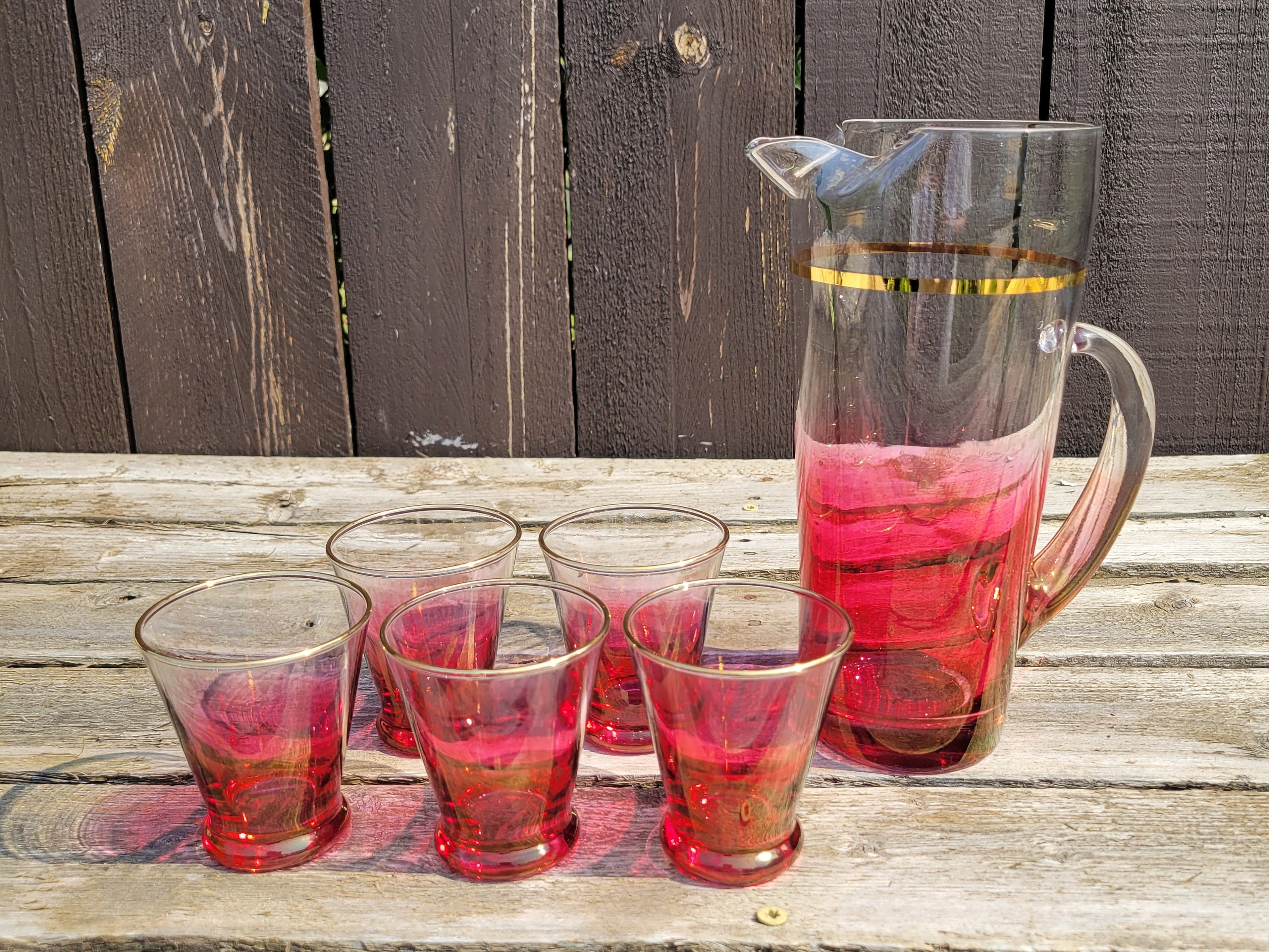 Vintage Cranberry Blendo Martini Pitcher Set: Red Flash Gold  Vtg. Blendo Ombre Rose Cranberry Glassware Set W/ Gold Trim main image 0