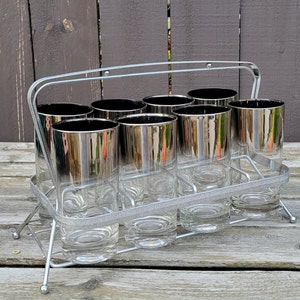 Vintage Vitreon Queen&#39;s Lustreware Highball Glasses with Silver Caddy, 9-Piece Set