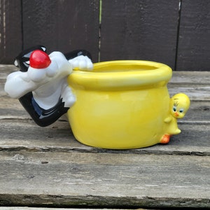 Vintage Warner Bros Entertainment Inc Tweety i Sylwester Planter, Looney Tunes Cartoon Characters Doniczka, Nostalgia, Fantazyjny, Zabawny