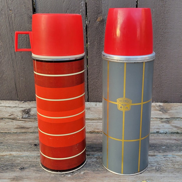 Pair of Vintage Thermos, SOLD SEPERATELY, 1975 King Seely Red Stripes #2442, 1960s American Thermos Co Gray Gold and Red #2434, Made in USA