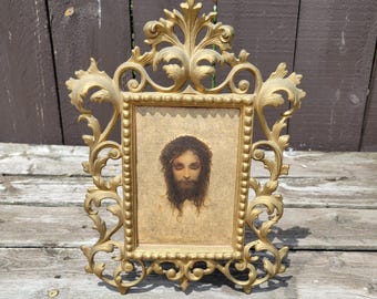 Antique NB & IW 2172 Ornate Tabletop Picture Frame, Made in Dubuque Iowa, Iron with Brass Overlay, Easel Stand with Hinged Gate Leg, 1900's