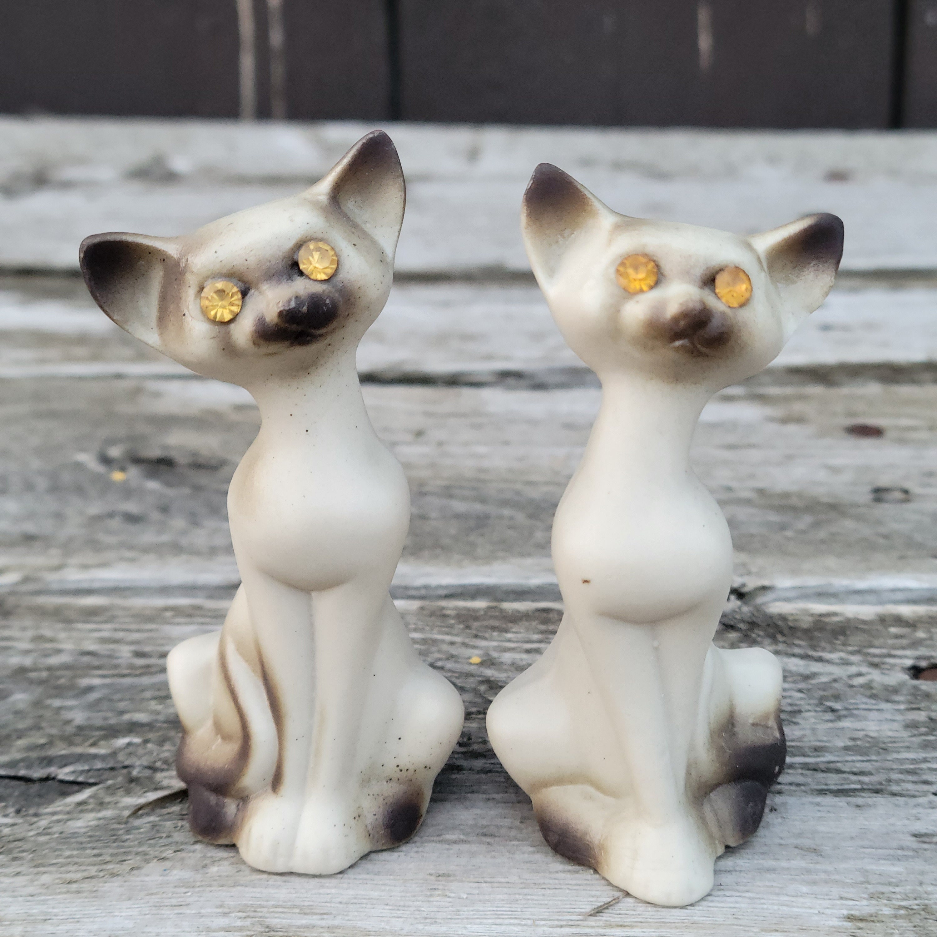 Vintage Siamese Cat Figurines: Roselane Pottery, Rhinestone Eyes