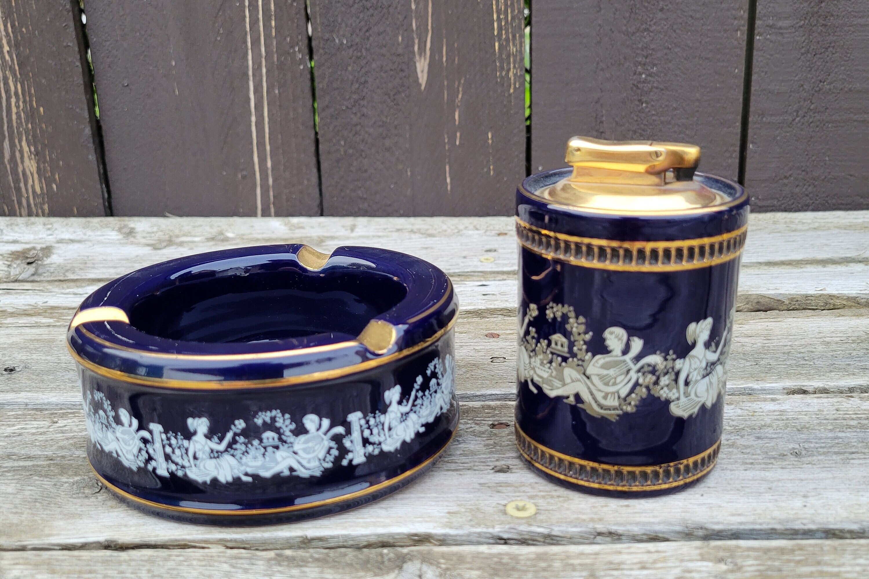 Vintage IL Verrocchio Ashtray & Colibri Lighter: Grecian Cobalt