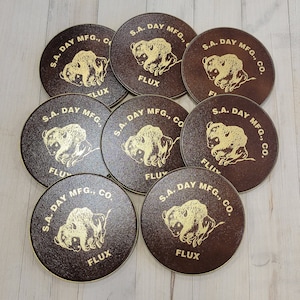 Vintage S A Day Mfg Co Flux Coasters, Solid Brass and Embossed Leather Coasters, Gold Buffalo, Branded Merchandise, Buffalo NY, Set of 8