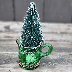 Antique US Glass Co Colorado aka Jewel &quot;Lacy Medallion&quot; Emerald Green Mug,EAPG Souvenir  with Embossed Design, Gold Gilt from Nicholson PA