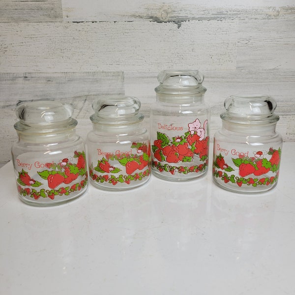 Vintage Strawberry Shortcake Glass Canisters with Lids, 1980 American Greetings Storage Containers,Medium "Delicious" and Small "Berry Good"