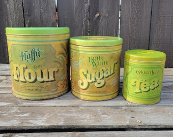 Ballonoff Metal Nesting Canisters, Set of 3 Lithograph Tins, Shades of Green, Dry Kitchen Storage, "Country Store" Aesthetic, Made in USA