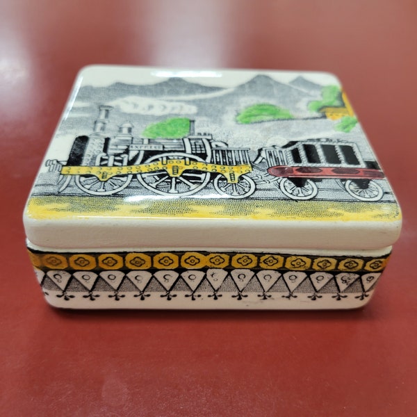 Vintage Portland Pottery Regal Works "Railway" Pattern Trinket Box with Lid, Made in Cobridge England, Steam Engine Transfer, Railroadiana