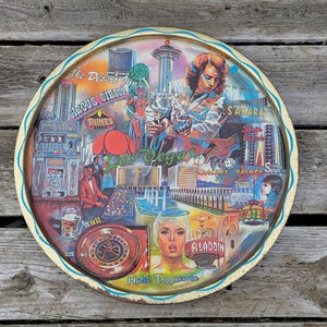 Vintage Ken Haag &quot;Las Vegas&quot; Souvenir Tray, 1960s Memorabilia, Old School Vegas Graphics, Signed by Artist, Vegas Landmarks, Hotels, Shows