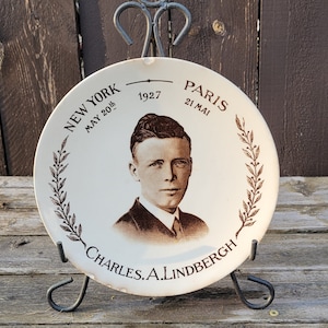 Antique Sarreguemines Pottery Plate: Charles Lindbergh Commemorative Stoneware