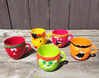 Vintage Pillsbury Kool-aid &quot;Funny Face&quot; Mugs, 1960s Plastic Promotional Cups, Powdered Drink Mix Collectible Cups, Anthropomorphic Fruit