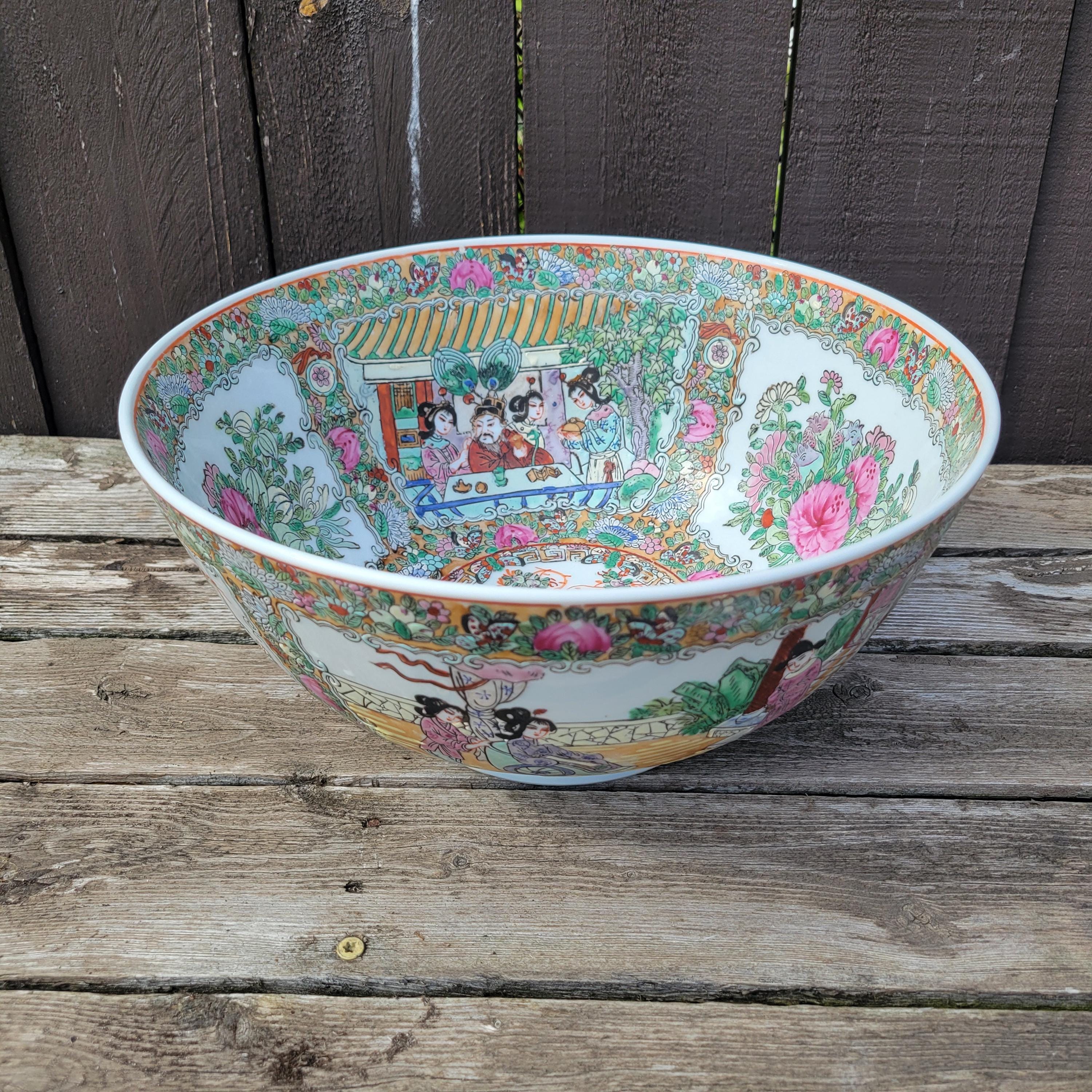 Vintage Large Famille Rose Porcelain Bowl, Early 20th Century Handpainted Rose Medallion Punch Bowl, Pink Overglaze Enamel, Made in China