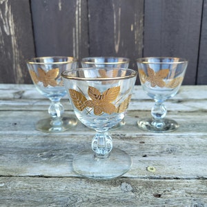 Vintage Libbey Glass Co &quot;Gold Leaves&quot; Champagne/Sherbet Glasses, Set of 4, Midcentury Coupe Glasses, Blown Glass with Gold Accents, USA Made