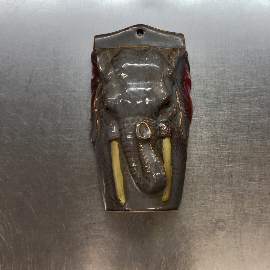Vintage Ceramic Elephant Head Wall Pocket, Gray With Ivory Tusks, Art