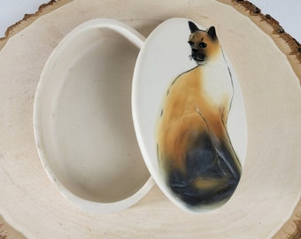 Vintage Carol Halmy Calico Cat Trinket Box with Lid, Handmade Bisque Porcelain Oval Jewelry Box,  Artist Signed, Made in USA, Animal Lover