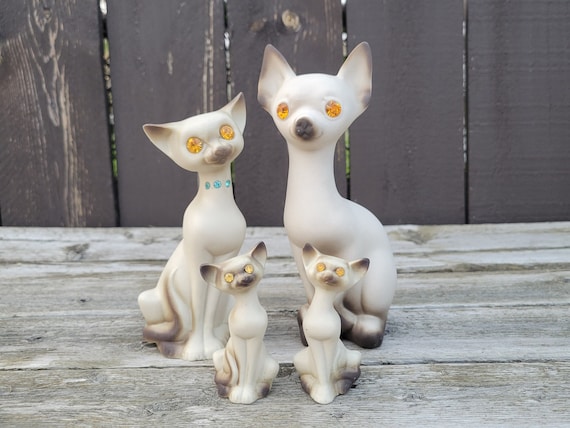 Vintage Siamese Cat Figurines: Roselane Pottery, Rhinestone