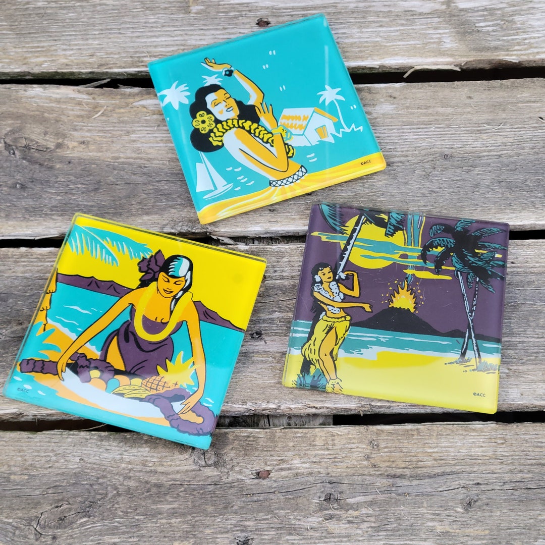 ACC Vintage Inspired Hawaiian Coasters, Set of 3 Glass Coasters, Luau