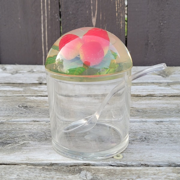 Vintage "Sunny Day" Lucite Jam Jar with Dome Fruit Lid, Midcentury Acrylic Food Container, Strawberries in Lid with Original Spoon, Jam Pot