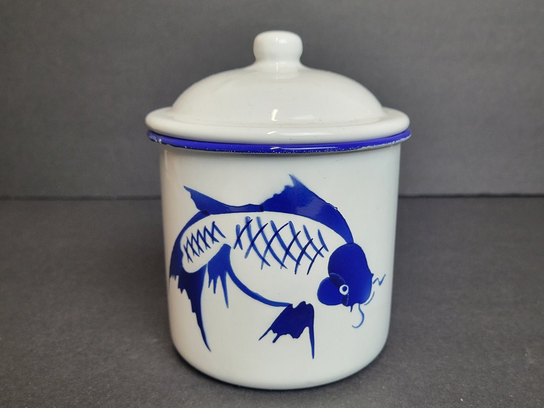 Vintage Butterfly Brand Koi Fish Enamelware Mug With Lid, Cobalt Blue