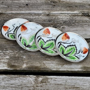Vintage A E Gray & Co Strawberry Butter Pats, Set of 4, Made in England, Handpainted,Red and Green with Silver Trim,Tiny Plates,Cottage Core