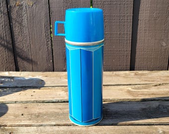 Vintage King Seeley Blue Geometric Metal Thermos: Camping Beverage Holder