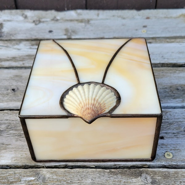 Stained Slag Glass Trinket Box with Natural Seashell, Beach Comber Treasure Box,Artisan Made Jewelry Case,Hinged Lid with Chain,Beach Decor