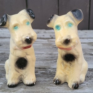 Vintage Chalkware Scottie Dog Figurines,  Set of 2, Carnival/Fair Prizes, Souvenirs, Handpainted Terriers, Collectible, 1940s Americana